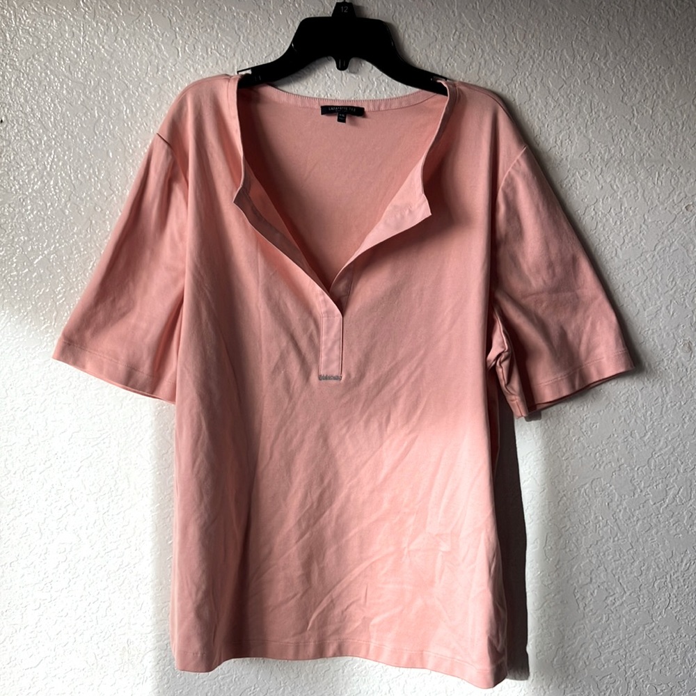 Lafayette 148 New York Salmon Pink Elbow-Length Sleeves Split Neck Top wmns XXL